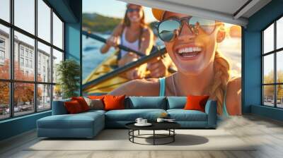 Summer vacation selfies and lake kayaking with two joyful buddies. Happy, playful women enjoying water activities in nature. Weekend kayaking fun Wall mural