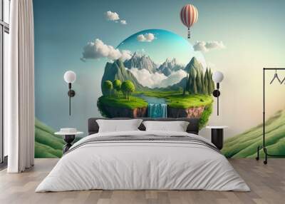 Surreal float landscape with waterfall paradise idea on blue sky cloud floating island with river stream on green grass with air balloon. Generative AI Wall mural