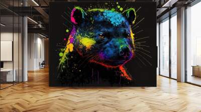 Tasmanian devil picture with neon splashes on a black backdrop. CG artowrk Wall mural