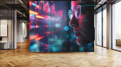 Technology team utilizing holograms and cloud computing for stock market trading and AI financial strategies. A trader analyzing cryptocurrency data for investment growth Wall mural