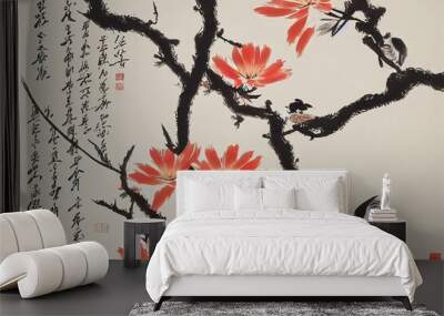 Traditional Chinese painting of flowers and two birds on tree Wall mural