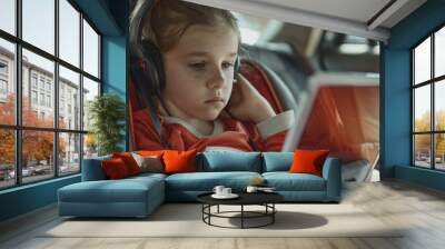 Travel, vehicle, tablet-using child Relax on the way to practice by streaming, watching, or playing online games. Transport, SUV van, or tech-using kid girl before football or soccer game Wall mural