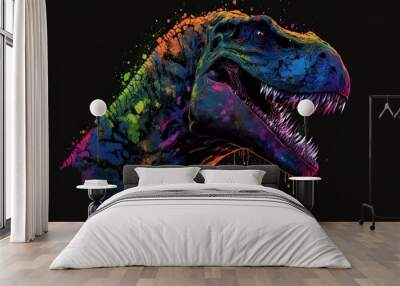 tyrannosaurus is a pop art subject, painted in fluorescent colors over a black background with splatters of watercolor.  Wall mural