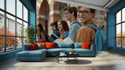 University hallway, image of Indian man and business school students with books. Friends, education, future, cheerful man in campus study group advocate for exam Wall mural