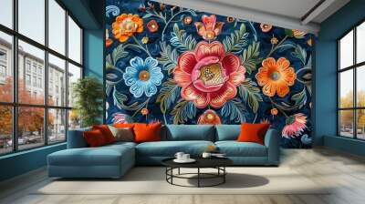 Vivid and intricate floral pattern displayed in a close-up view on a vibrant blue backdrop Wall mural