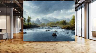 Waterfall view cartoon flat landscape illsutration Wall mural