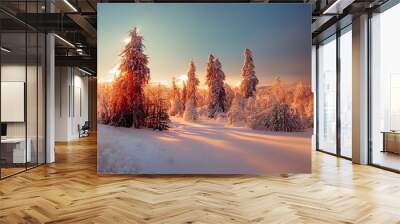 Winter background of snow and frost Fantastic winter forest landscape during sunset. Icy snowy fir trees glowin in sunlight. winter holiday concept. wonderland in winter. Christmas Holiday Concept. Wall mural