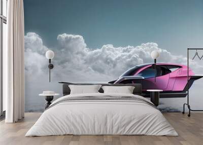 young girl on a flying car in the over clouds. Future concept. . Wall mural