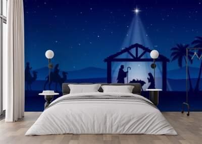 Blue Christmas Nativity scene banner background. Vector illustration. Wall mural