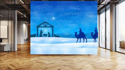 Christmas Nativity in the desert, watercolor painting sketch. Greeting card background. Wall mural