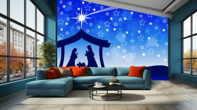 Chritmas Nativity Scene on blue starry background. Greeting card background. Wall mural