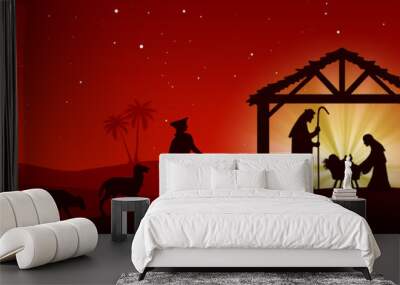 Chritmas Nativity Scene on red background Wall mural