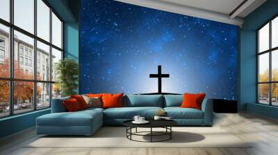 Easter illustration with a cross on hill and blue starry sky at night. Wall mural