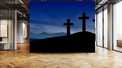 Easter illustration with three crosses on hill and blue sky at evening. Wall mural