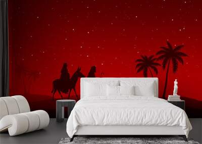 Joseph and Mary journey on red background Wall mural