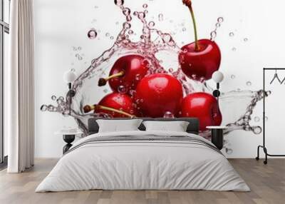 Cherries falling into water splash on white background Wall mural