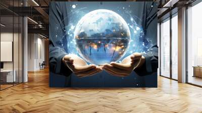 Photo of a man holding a crystal ball in his hands.generative ai Wall mural