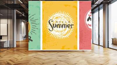 Artistic drawing posters set with sun shape, lemons and ice cream. Summer decorated line art banners selection. Wall mural