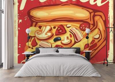 Chicago style deep dish pizza vintage sign design for pizzeria restaurant. Vector image. Wall mural