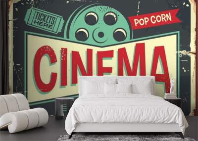 Cinema retro decorative sign layout. Vintage poster design for cinema. Movies and entertainment theme. Vector illustration. Wall mural