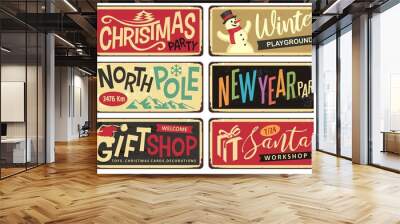 Collection of holiday Christmas sign posts. Christmas party,winter playground, north pole, New year party, gift shop and Santa's workshop. Seasonal vector illustrations set. Wall mural