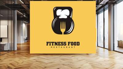 Fitness food restaurant logo design concept with kettle bell  and chef hat and fork shape in negative space. Healthy food symbol design for sport and gym recreation. Vector icon or emblem idea. Wall mural