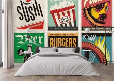 Food and drink posters collection. Pizza, popcorn, burgers, grill, beer and sushi. Wall mural