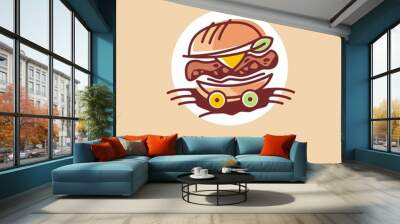 Food truck logo design idea with juicy burger on the wheels. Fast food restaurant symbol. Vector burger icon illustration. Wall mural