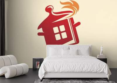 Home cooking logo design idea. Red pot with flames logo template. Vector logo for restaurant or catering service.  Wall mural