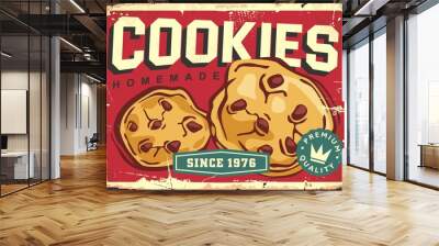 Homemade cookies and cakes retro sign design layout. Bakery poster with crunchy crispy cookies. Vector food illustration. Wall mural