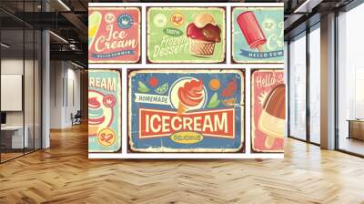 Ice cream and summer desserts vintage tin signs collection. Retro signs set with ice creams and frozen desserts. Sweet food, dairy and fruits products vector illustrations. Wall mural