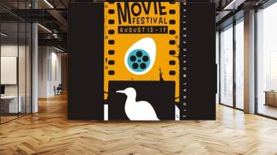 Movie poster festival creative idea with film strip and birds graphics. Art vector for entertainment industry. Cinema flyer. Wall mural