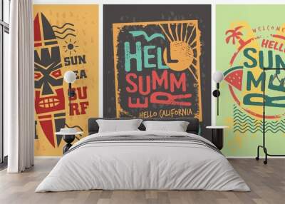 Summer shirts graphic designs set template. Tee print vectors. Hawaii, California, sun, ocean and surf. Wall mural