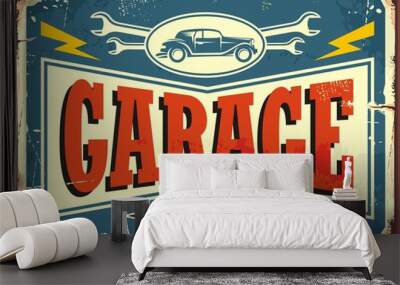 Vintage garage sign with car image and wrench tools Wall mural