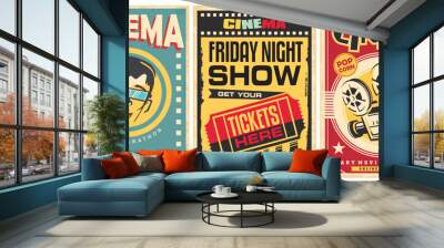 Vintage retro design with old cinema movie posters. Vector illustration. Wall mural