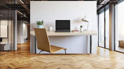 Wooden desk with chair laptop plants and lamp Wall mural