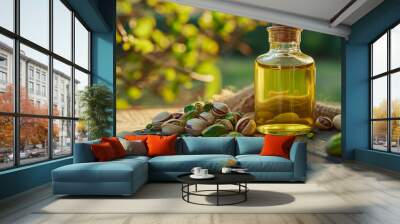 Glass bottle with pistachio oil, pistachios on a wooden table on the natural background of a pistachio garden. Healthy natural foods. Wall mural