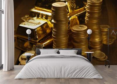 Gold bars, a lot of gold on the table. Wall mural