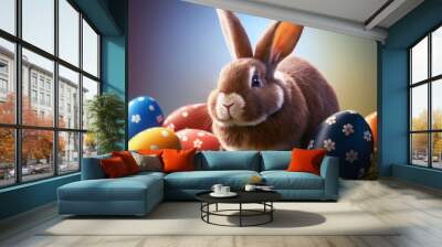 Super cute easter bunny guards a bunch of colorful eggs, a very realistic, detailed, beautiful background. Wall mural