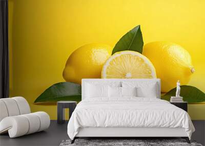  lemon with leaves on a yellow background copy space. Wall mural