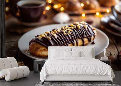 Chocolate eclairs traditional cake with fruits and scrambled nuts decoration. Food photography for advertisement, pastry. Wall mural