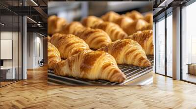 Freshly baked croissants on counter in a bakery. food photography concept for advertisement. Wall mural