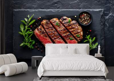 Sliced medium rare steak with herbs and spice in black plate food photography concept. Wall mural