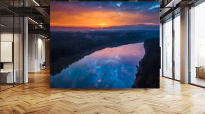 Aerial sunrise or sunset with colorful fog and river Wall mural