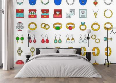 diamond, gemstones and jewelry related, filled outline icon set Wall mural