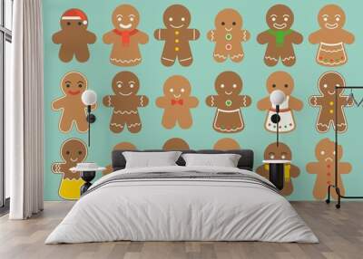 Set of different Gingerbread man with  different fashion such as Christmas hat, bow tie, maid, scarf in flat design Wall mural