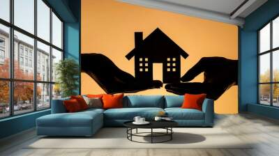 silhouette image, hands holding house, homeownership symbol, unity, dream of homeownership, house-shaped cardboard, detailed silhouette, two hands, symbolic image, home symbol, unity and togetherness, Wall mural