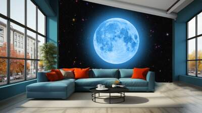 Blue super moon glowing against colorful starry sky dark background Wall mural