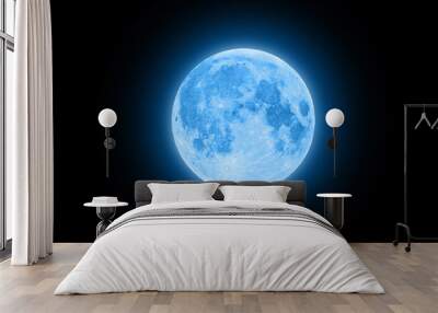 Blue super moon glowing with blue halo isolated on black background Wall mural