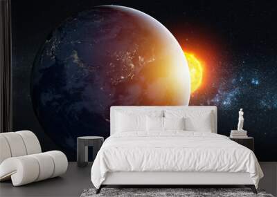 Planet earth planet in deep space against blue nebula and glowing hot sun. Outer space dark wallpaper with Eatrh surface view. Elements of this image furnished by NASA. Wall mural